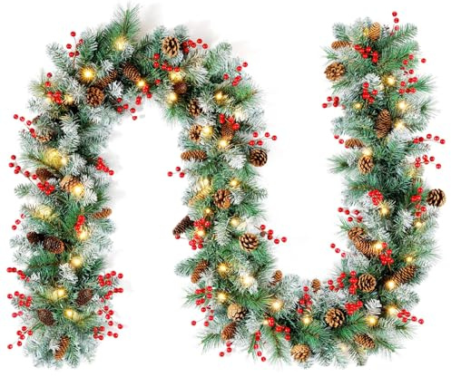 Lewondr Weihnachtsgirlande mit Beleuchtung, 2,7m 50LED Warm Batteriebetrieben Girlande Lichter mit Timer, Weihnachtsdeko Innen für Treppen Geländer Kaminsims Verand, Winterliche Kiefer & Beerencluster