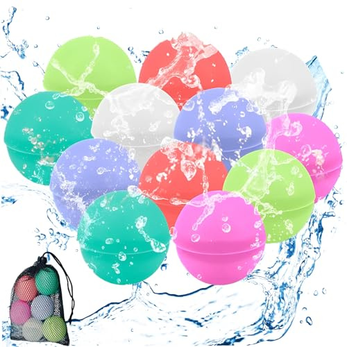 12 Stück wiederverwendbare Silikon-Wasserballons für Wasserschlachten –Wasserballoons Schnellfüller mit Mesh Bag, Silikon Wasserballons für Pool, Strand, Garten, Camping, Geburtstag