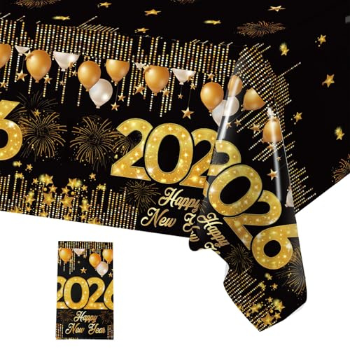 Tischdecke Silvester Deko 2026, Frohes Neues Jahr Tischdecken, Schwarz Gold Tischdeko Party Decoration 2026 New Year Eve, Kunststoff Einweg Tischdecke für Frohes Neues Jahr Dekorationen