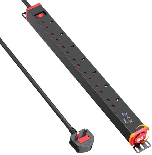 7 Way Power Strip Surge Protector 2 USB C PD20W, 7 Outlet Heavy Duty Metal Power Strip with 360° Rotating Mounting Brackets, 1.8M Cable, Black
