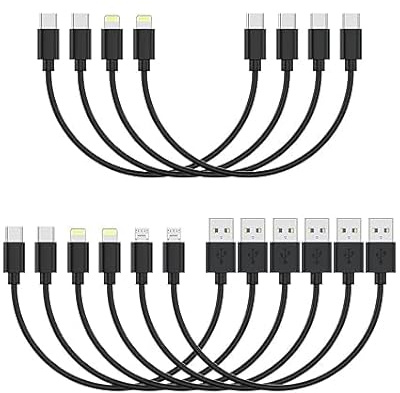 [30CM, 10-Pack] Multi Short USB C/Lightn-ing/Micro Mixed Cables, Multiple Fast Charge & Sync Short USB Cables Bulk for Charging Station for iPhone17&15, iPhone5-14, iPads, Mobiles, Tablets - Black