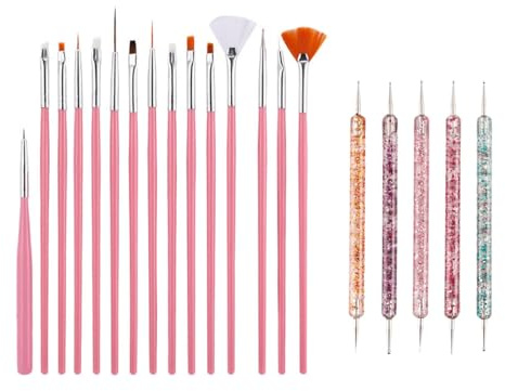 SanKristo Ensemble 20 Pièces Pinceau Ongle, Pinceau Nail Art + 5 Pièces Stylos à Double Pointe pour Pois, Professionnel Kit Pinceaux Nail Art Ongles pour DIY, Professionnel Kit Pinceau Stylos Onglesx