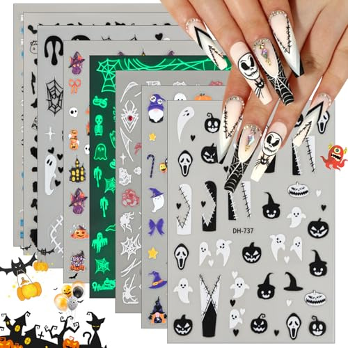 BISHENGYF Halloween Nagelsticker Selbstklebend 8 Blätter, 3D Diamant Nagelsticker Kinder Frauen: (Leuchtend, Kürbis, Geist, Hexe, Totenkopf)Einfach DIY Nail Art Design für Kostümparty Maniküre Zubehör