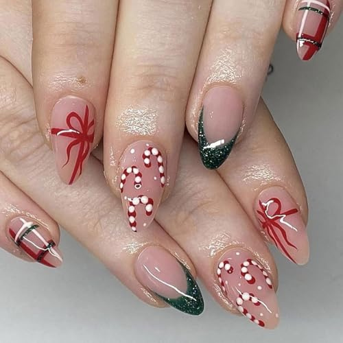 LunarCharm 24 unités de faux ongles de Noël à presser, taille moyenne, forme amande, faux ongles avec design cadeau, paillettes vertes, French tips, à coller sur les ongles