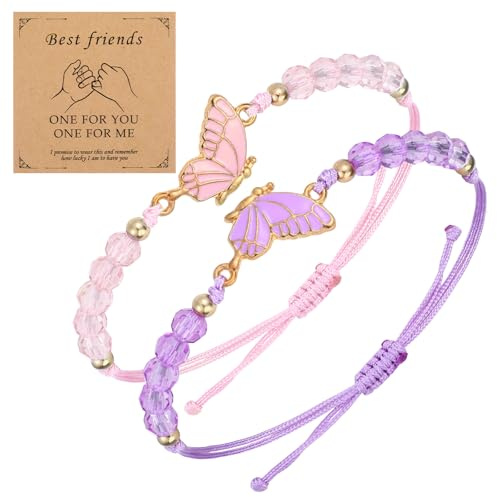 Nogeqi 2 Pcs Best Friend Bracelet, Adjustable Strand Bff Bracelets, Butterfly Matching Bracelets for Couples,Handmade Charm Friendship Bracelet Jewelry Gifts for Women Couples Bestie(Pink Purple)
