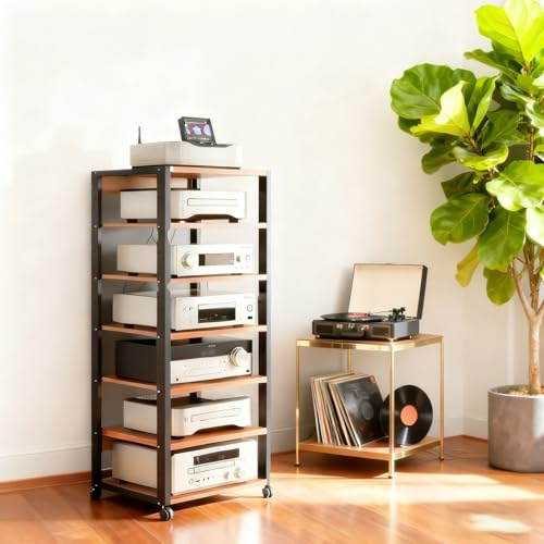 HiFi Rack AV Shelf Metal Audio Rack, CD Record Player Stereo Receiver AV Equipment Cabinet Display Stand, 7-Tier Entertainment Stereo Component Cabinet(Teak color)