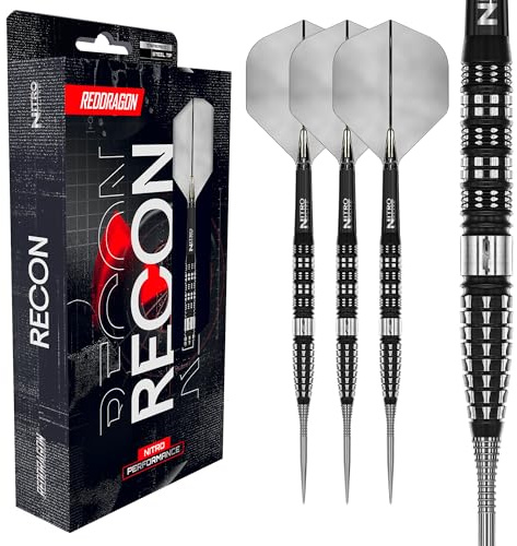 Röd DRAGON Darts – Recon-serien – 21 g Tapered Tunna Steelarts – dartpilar metallspets – 90 % volfram professionell dartpilar – Nitro Flite integrerad flyg/schakt, dartvingar och skaft