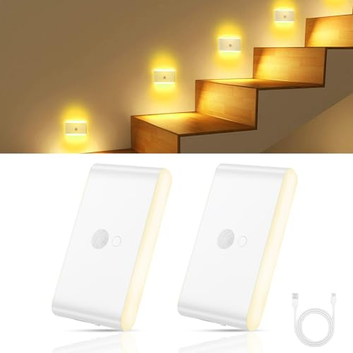 HOTUT Luz Nocturna con Sensor de Movimiento, 2 Piezas LED Luz de Noche Recargable, ON/OFF automático LED, Adsorción Magnética Desmontable, Blanco cálido + color RGB para Escaleras, Pasillo,Baño