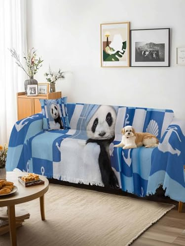 Funny Panda Sofa Cover Blanket Couch Covers for Armchair Cushion,Couch Sofa Silpcover with Tassel,Cute Art Modern Lovely Animals on Showering Blue Living Room Throw Towel Blanket Covers XX-L 71x150