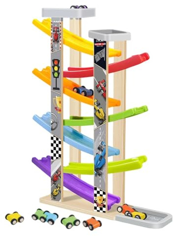 Qizeroty Kugelbahn Autorennbahn Aus Holz Mit 7 Autos, Rennbahn Im Kaskadenstil Aus Holz, Auto Spielzeug, Holzspielzeug Geschenk, Kinderspielzeug Geschenke Für Kinder