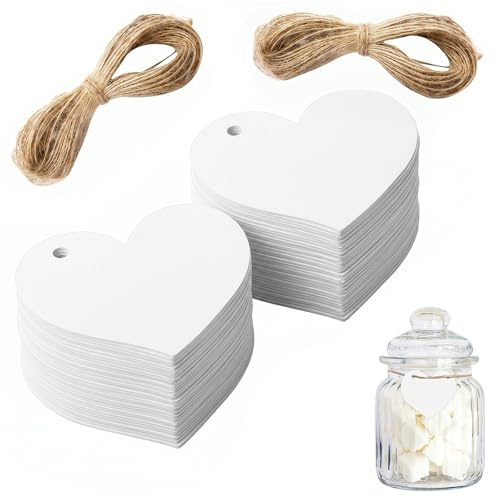 FIQLUL 100 Stück Geschenkanhänger Herz Weiß mit 20m Juteschnur - Herzanhänger Papier zum Beschriften für Hochzeit, Gastgeschenke, DIY Basteln & Geschenkverpackung