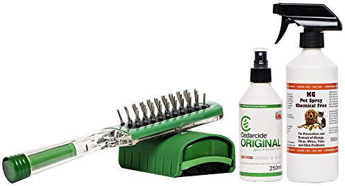 Mite, Flea & Tick brush with rollerball action puts oil on the skin of your pet when grooming. + Cedarcide Original 250ml Refill + KG Pet Spray 500ml