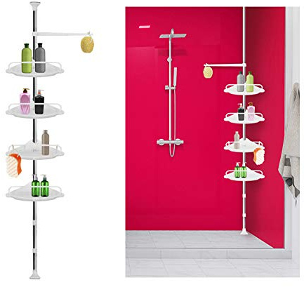 Étagère d'angle de douche télescopique 230-292 cm, 4 étagères, 1 crochet de suspension, pieds en caoutchouc