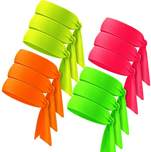WILLBOND 12 Pieces Unisex Tennis Tie Headband, Dry Head Tie Sport Tie Back Headband for Basketball, Running, Tennis, Karate, Athletics (Neon Color, One Size, Black, 5.5 cm Wide, Polyester)