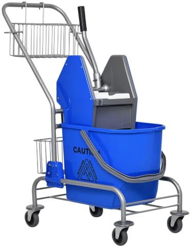 HOMCOM Chariot de Ménage Chariot de Lavage Seau 26 L 73 x 45 x 95 cm Bleu | Chariot de Nettoyage Professionnel, Presse à Mâchoire, Panier de Rangements