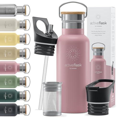 Trinkflasche Edelstahl mit Strohhalm, Infuser + 3 Deckel: BPA-frei, Auslaufsicher, Kohlensäure geeignet - Wasserflasche Fahrrad Thermosflasche Isoliert Isolierflasche Sport Wasser Flasche Kinder Tee