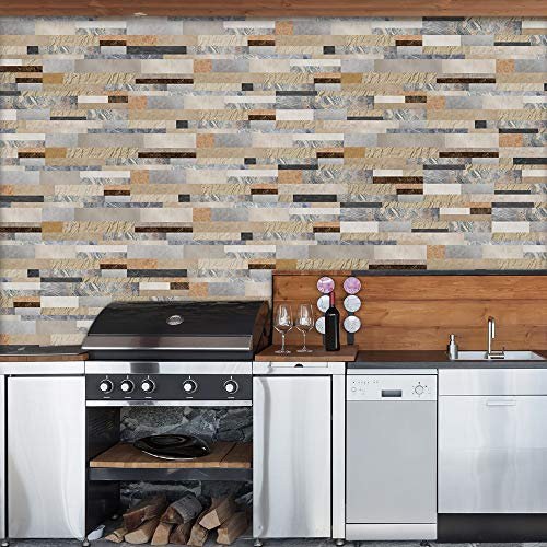 Hiser 14 Pièces Adhésive Décorative à Carreaux pour Salle de Bains et Cuisine Stickers Carrelage, 55x13.5cm Style de Brique en Pierre Imitation 3D PVC Auto-adhésifs Décoration (marbre)