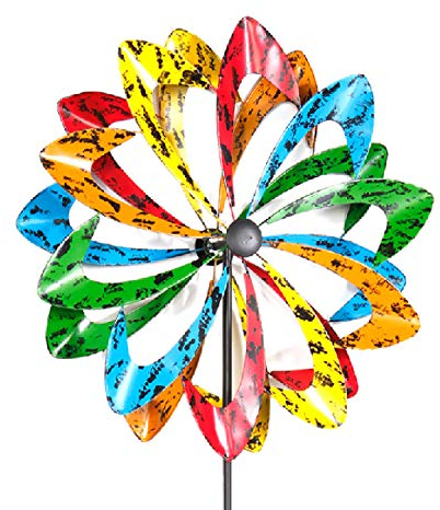 Mojawo XXL Doppel Windrad bunt Windspiel Antik Kupferfarben oder Multicolor aus Metall Höhe ca.140cm oder 210cm ca. Ø 38cm oder 62cm tolle Gartendekoration, Farben:Mehrfarbig, Größen:H140cm Ø38cm