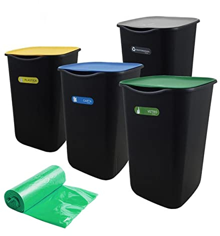 Maury's Set Pattumiere Differenziate Cestini e Bidoni da Interno ed Esterno per una Raccolta Differenziata Pratica e Organizzata (Basic || 4 Pattumiere)
