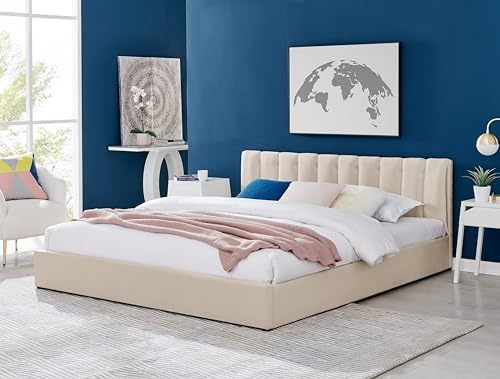 Bravich Ottoman Double Bed Frame. 4FT6 Plush Velvet Fabric Bed With Contemporary Headboard. Gas Lift Bed With Underbed Storage, 190 x 137cm (Double, Cream, No Mattress)