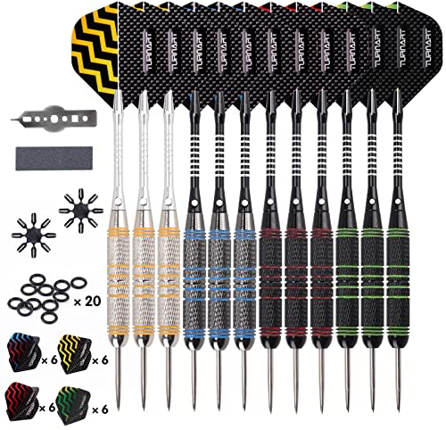 Turnart Dartpfeile Metallspitze -12 Stück 24 Gramm Profi Steel Darts Pfeile Dartpfeile Profi Dartpfeile Steel Set 12 Aluminium Schaft mit 24 Flights 20 Anti-Lose Gummiringe