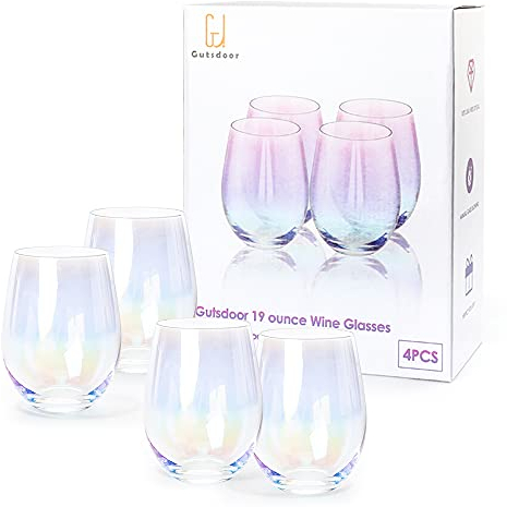 Gutsdoor Lot de 4 grands verres à vin irisés sans pied pour vin rouge blanc, eau, bière, jus, whisky et décoration de bar - 535,8 g