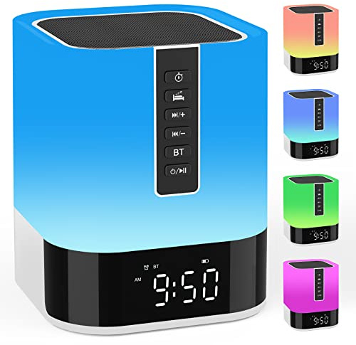 Bärbar bluetooth-högtalare, väckarklocka, touch-sänglampa med MP3-musikspelare, vit ljudmaskin och timer, Bluetooth-högtalare, nattlampa, present för tonårsflicka, födelsedagspresent