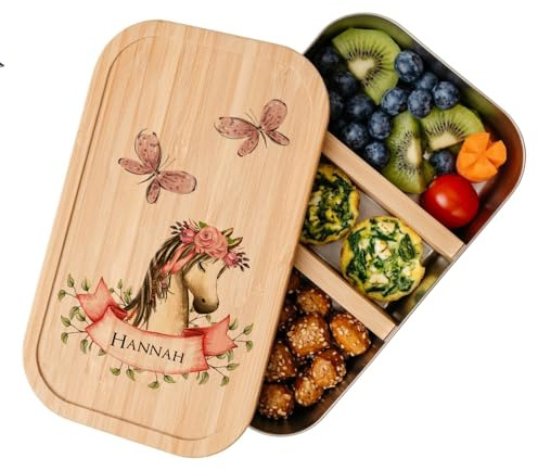 Manufaktur Liebevoll Personalisierte Brotdose Kinder mit Namen – Edelstahl Lunchbox mit Bambus Deckel & Fächern – Nachhaltige Brotbüchse Kindergarten Schule Mädchen I Brotbox Pony