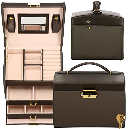 SPRINGOS Joyero con espejo maletín con asa de 17,5 x 14 x 12,5 cm, piel sintética lisa