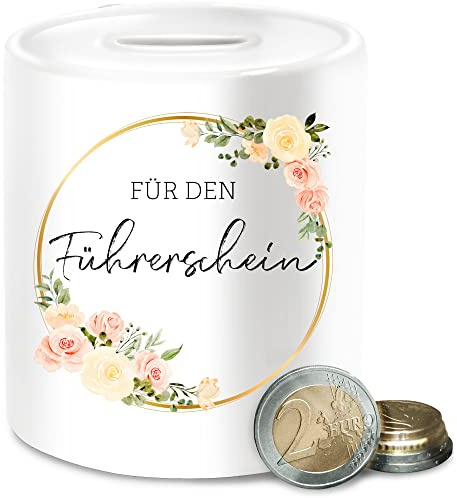 Spardose - Für den Führerschein - Fahrprüfung Geschenk - Unisize - Weiß - Kasse Auto fahrausweis Keramik Moped sparbüchse spardosen