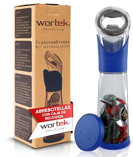wortek Flaschenöffner mit Auffangbehälter - Bieröffner Bierflaschenöffner Getränkeöffner mit Kronkorken Sammler Bar Küche Camping Zubehör - Geburtstagsgeschenk für Männer Geschenk Bierliebhaber Blau