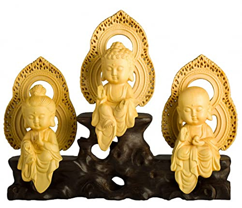 Desconocido Madera de boj Natural Tallada a Mano Elysium of Buddhism Three Saints Statue Sets 3#