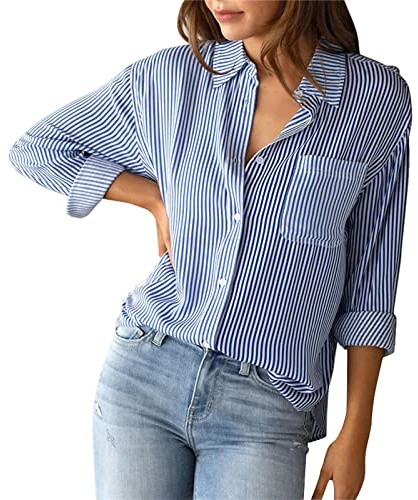 Bluse Damen Elegant Langarm Streifenbluse Hemden mit Knöpfen Casual Büro Arbeit Blusen Baumwolle Tunika Hemd Oberteile Tops (Blau, M)