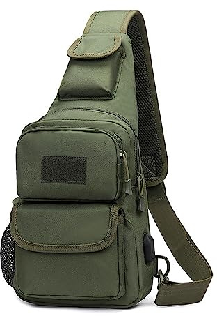 FANDARE Taktisch Brusttasche Military Schultertasche Sling Bag Herren Damen Umhängetaschen mit USB-Ladeanschluss Schultertasche Crossover Rucksack für Reisen Wandern Crossbody Pack Armeegrün