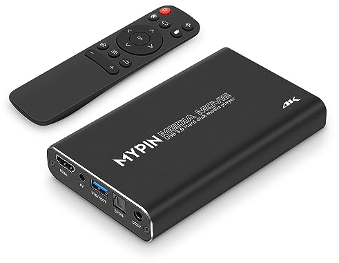 Lettore multimediale HD 4K, uscita MYPIN HDMI/AV/coassiale per MP4 MP3 MKV con telecomando, riproduzione di video e foto con unità USB 3.0/scheda SD/HDD/dispositivo esterno, inserto di supporto