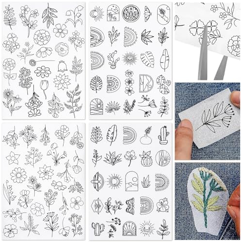 Bohrma 2 Blatt Wasserlöslicher Stabilisator Stickvorlagen mit Vorgedrucktem Gras Schmetterling Regenbogen Vogel Blätter Grafik für Stickerei Handnähen DIY Handnähliebhaber Stickerei