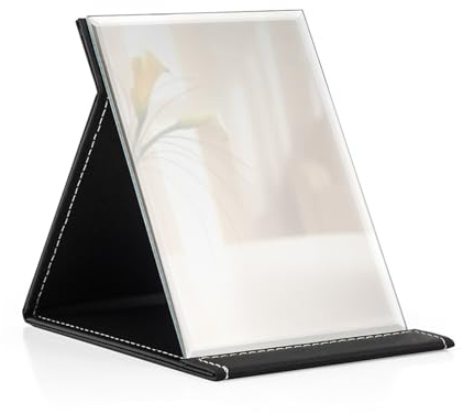 Nutabevr 12.5x17cm Faltbarer Tischspiegel, Freistehender Kosmetikspiegel mit Schwarz PU-Leder Hülle, Reisespiegel HD Spiegel, für Make up und Rasur, die Reise, Bad, Camping, Standspiegel Klappspiegel