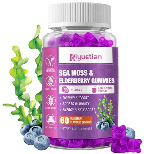 Sea Moss Gummies & Elderberry - Vitamin C + Zinc – Strength Immune & Thyroid Support Booster Gummy Bears for Kids & Adults - 60 Natural Seamoss Gummies