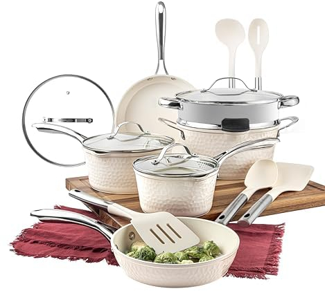 Gotham Steel 15 PC Hammered Pots and Pans Sets Non Stick, Induction Hob Pan Set + Pot Set, Non Toxic Cookware Set/Ceramic Cookware Set, Complete Kitchen Set - Oven & Dishwasher Safe - Cream White