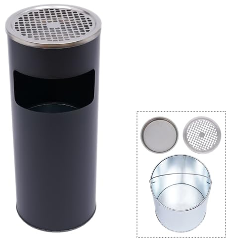 DSYOGX cubo interior extraíble contenedor de basura redondo de acero inoxidable 30 litros contenedor de basura comercia negro para edificios de oficinas, hoteles, parques