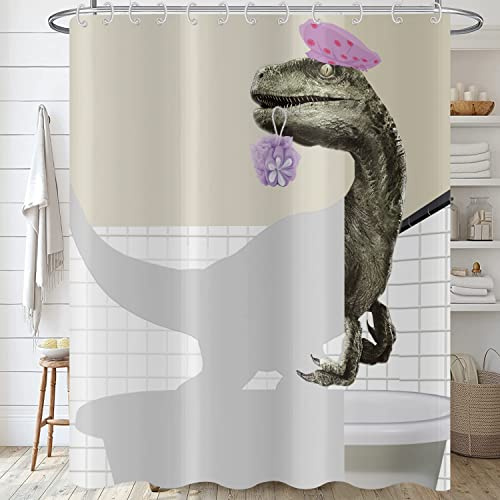 Hnmdmyi Duschvorhang Lustiger Dinosaurier 120x200, Niedlicher Badender Dino Raptor Kinder Badewanne Vorhang Cartoon Tier Kinder Kreativ Modern Wasserdicht Polyester Stoff Waschbar Badevorhang