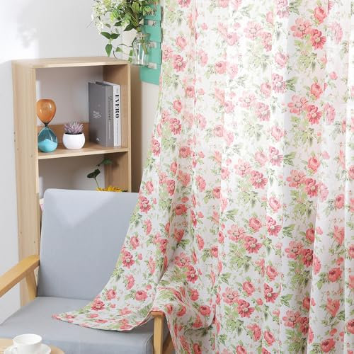 RLoncomix Floral Print Linen Curtains 96 Inches Long Farmhouse Rustic Curtain for Living Room Bedroom Retro Pink Rose Flower Semi Blackout Window Drapes Grommet Top 2 Panels