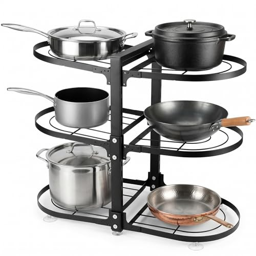 QWORK® Pots and Pans Organizer, 6 Tier Pan Organiser for Cupboard, Adjustable Saucepan Storage Rack, for Kitchen Countertops, Cabinet, Black