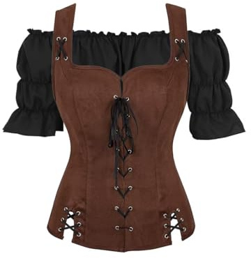 Chemise medievale Femme Veste Pirate Set 2 pièces Blouse Vintage Victorien Rétro Médiévale Renaissance déguisement Café XL
