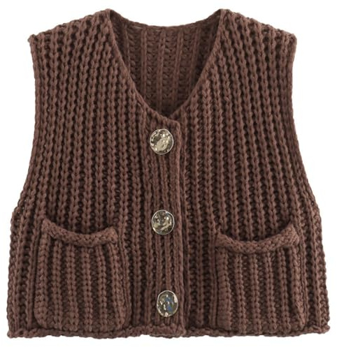 OLIPHEE Pull sans Manche Femme Pull Court Col V Gilet Femme Gilet Tricoté Veste Couleur Unie Sweater Casual Basique Élégant Cardigan Tricoté Printemps Automne Marron L