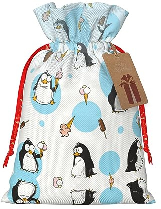 HJLUUFT Pinguin-Ballon-Schneeflocken-Druck, Weihnachts-Geschenktüte mit Kordelzug und Geschenkanhänger, Jutebeutel, Hochzeit, Weihnachten, Partyzubehör