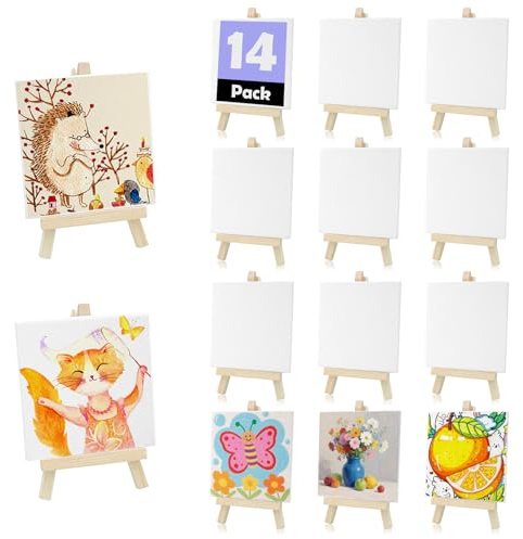 14 Stück Mini Staffelei mit Leinwand, SHAIDOJIO 8x15cm Mini Staffelei Holz mit 10x10cm Mini Leinwand, Faltbare Tragbar Klein Tischstaffelei für Malen Gemälde Hochzeit Geburtstag Partys Dekoration