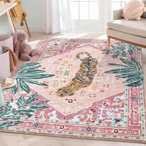 AEKDCL Boho prydnadsmattor, 90 x 150 cm söt rosa tigermatta, fuskull inomhus tiger golvmattor, halkfri tvättbar matta, låglugg accent golvmatta för barnrum sovrum badrum dörrmatta