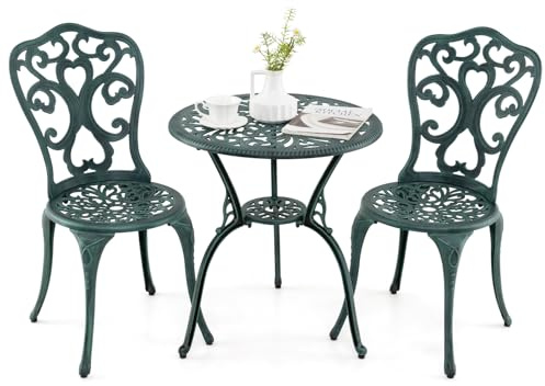 RELAX4LIFE Tavolo da Giardino con Sedie, Set da Giardino 3 Pezzi in Alluminio e Ghisa, Tavolo da Giardino con Foro per Ombrello, Tavolino Rotondo e 2 Sedie, per Balcone, Piscina (Modello 4, Verde)