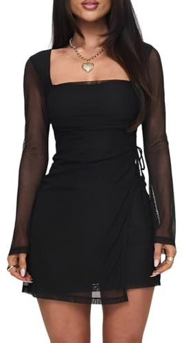 Remxi Women Mesh Long Sleeve Short Dresses Y2K Square Neck Wrap Bodycon Dress Cocktail Party Mini Dress Black XL